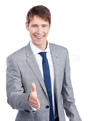 Buy stock photo A keen entrepreneur offers you a handshake while isolated on white
