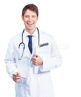 Buy stock photo Successful Doctor stands with his chart in hand - isolated on white