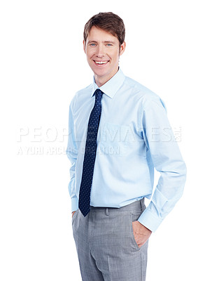 Buy stock photo Handsome young businessman stands with his hands in his pockets - Isolated on white