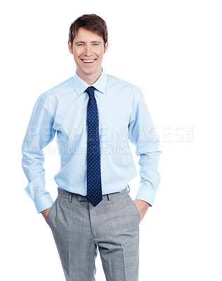 Buy stock photo Driven businessman stands with his hands in his pockets - Isolated on white