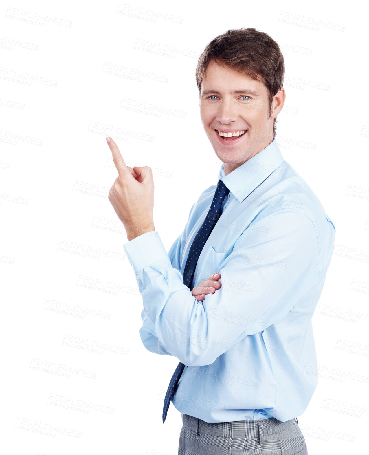 Buy stock photo Happy business executive points upwards at a potential product - Copyspace