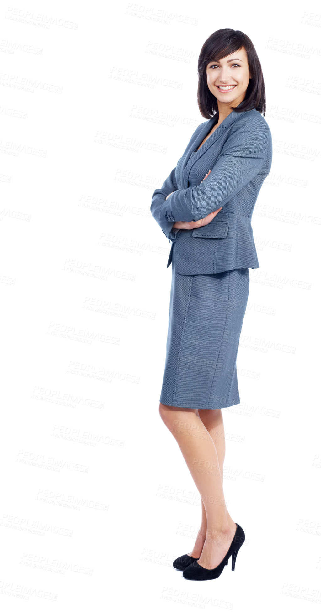 Buy stock photo Attractive female representative stands with her arms crossed while isolated on white - Copyspace