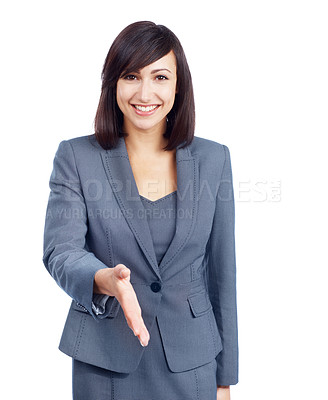 Buy stock photo Pretty business executive offers you a handshake while isolated on white