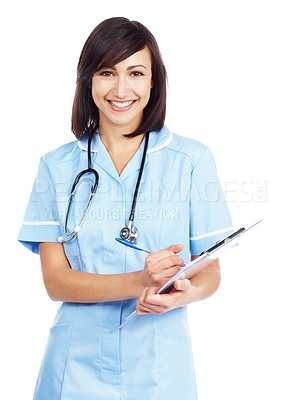Buy stock photo Pretty young female GP writes on a chart as she asks you questions - Isolated on white