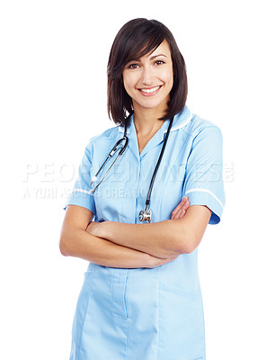 Buy stock photo Proud young female Doctor smiles while isolated on white