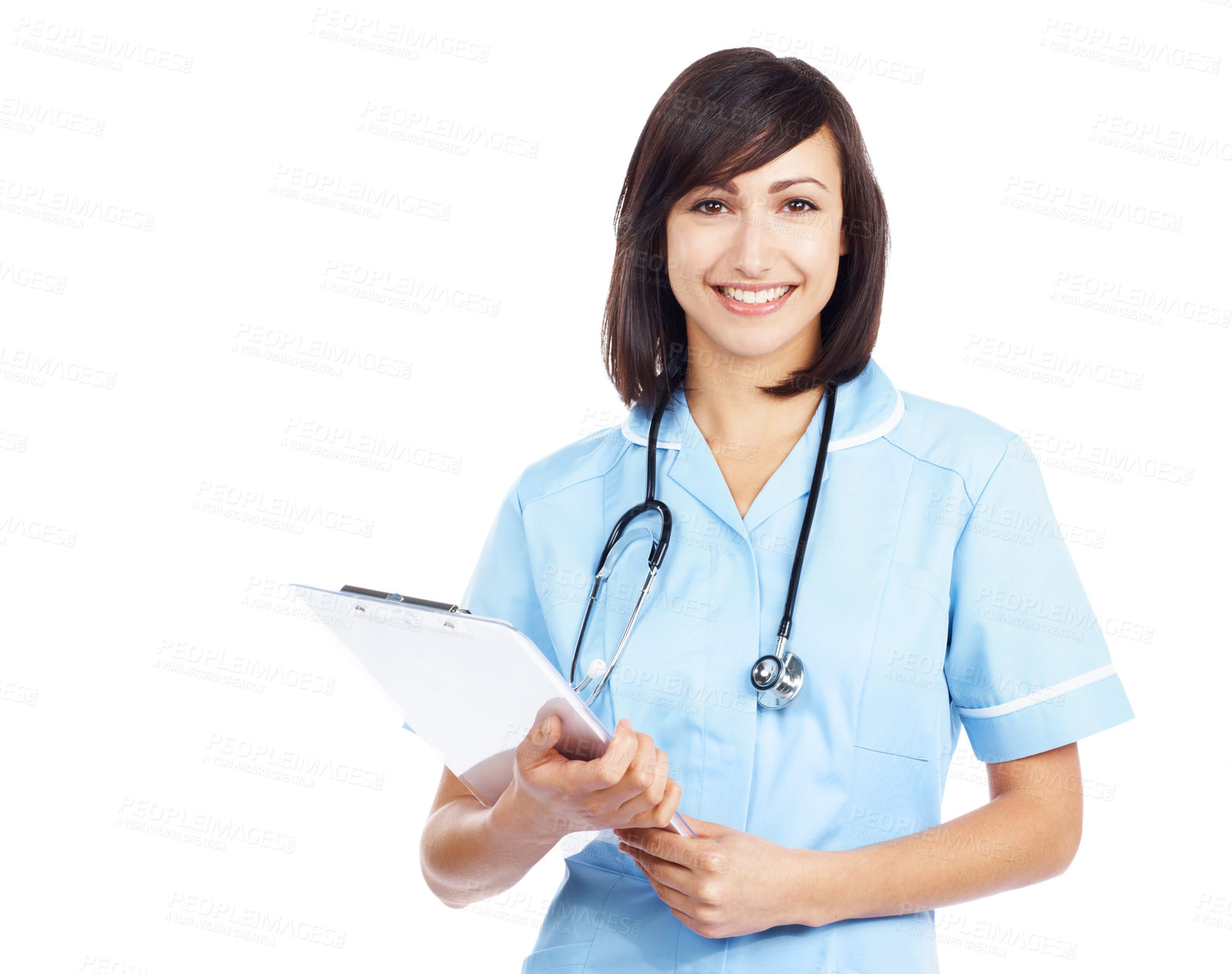 Buy stock photo Eager young Doctor stands proudly with her medical chart - Isolated on white