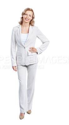 Buy stock photo Beautiful businesswoman standing with her hand on her hip while isolated on white