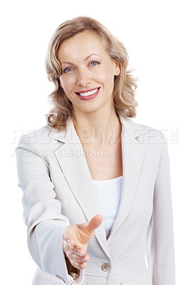 Buy stock photo Pretty blond exacutive giving you a handshake while isolated on white