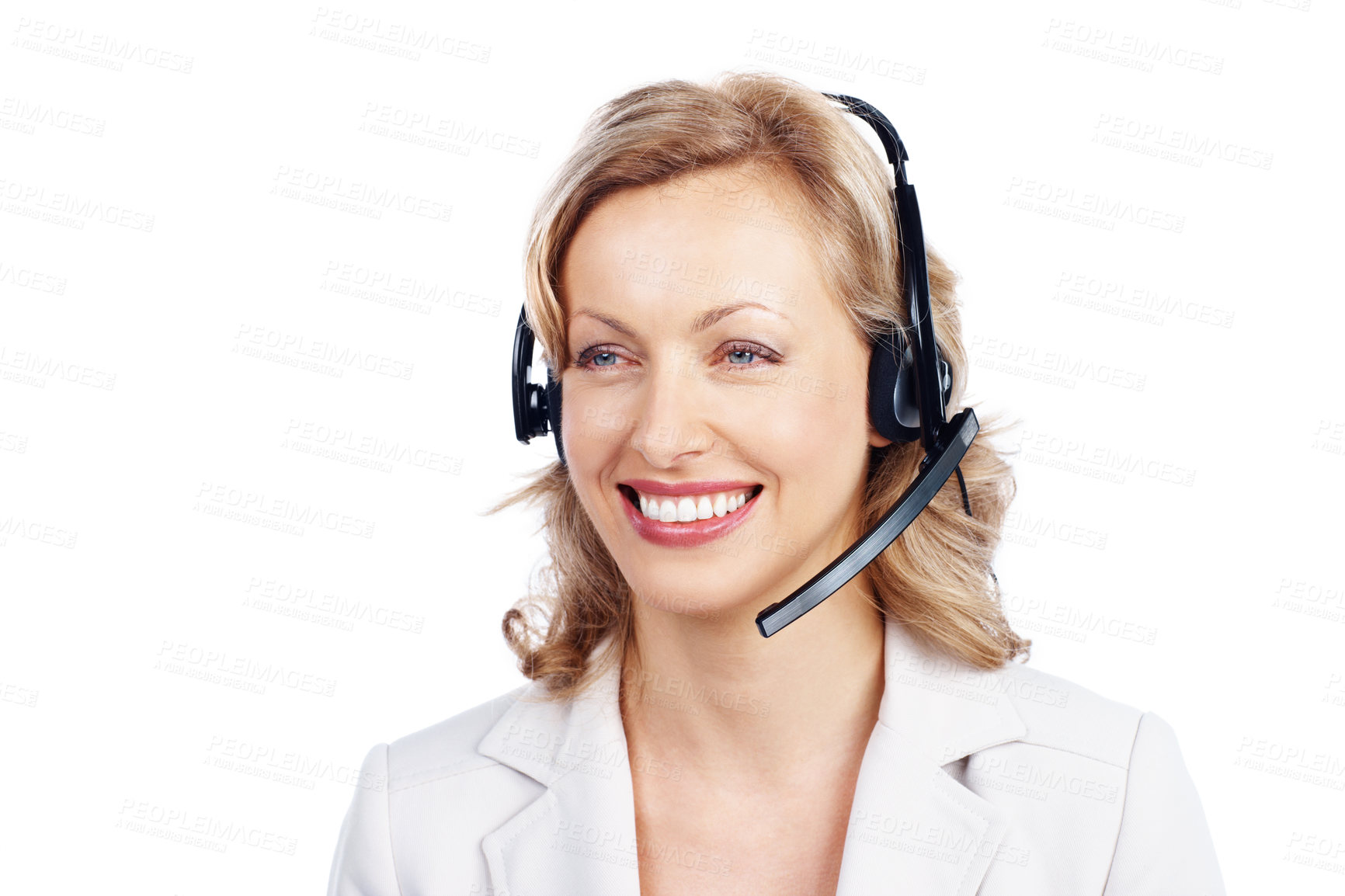 Buy stock photo Lovely call operator smiles while wearing her headset - Isolated on white