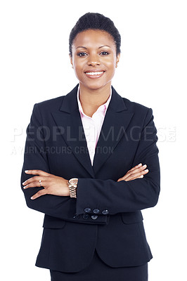 Buy stock photo Stylish businesswoman looks at you with her aroms crossed