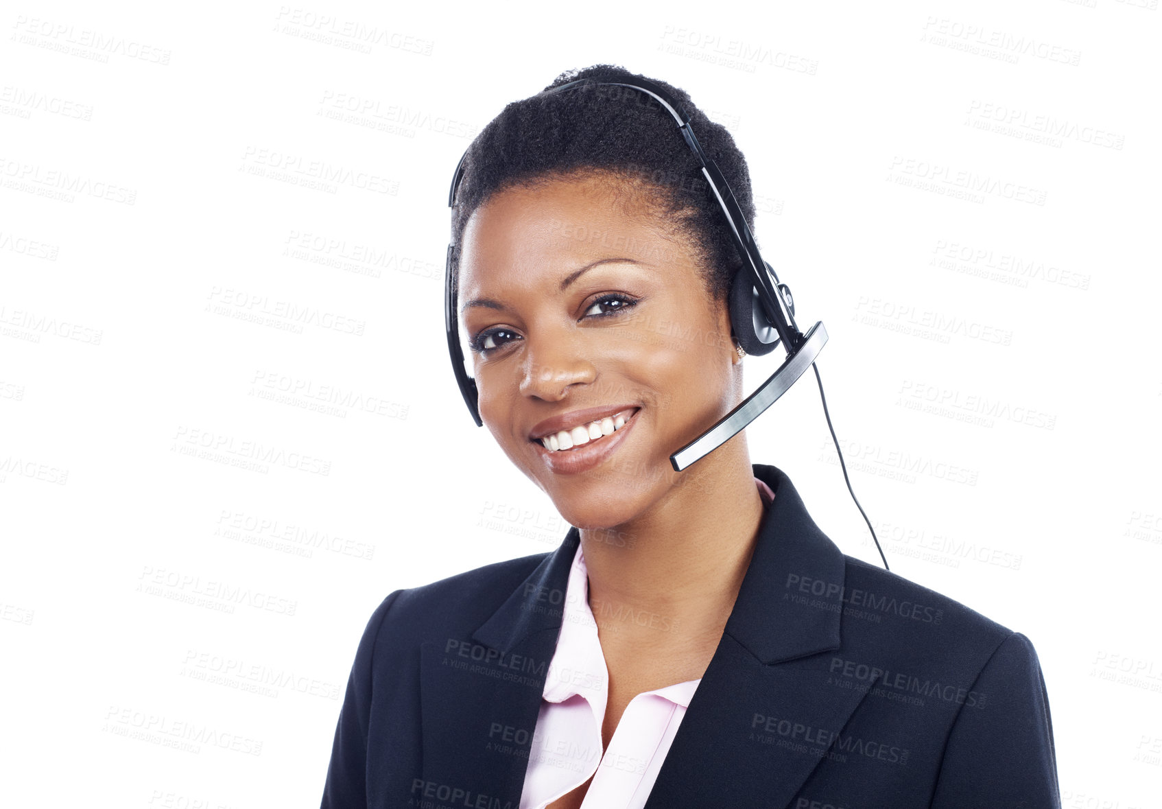 Buy stock photo Lovely African American call operator smiles while wearing her headset - Isolated on white