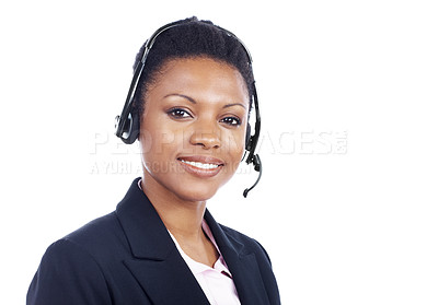 Buy stock photo Pretty African American call operator smiles while wearing her headset - Isolated on white
