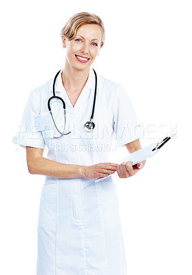 Buy stock photo Pretty nurse stands confidently with her medical chart - Isolated on white