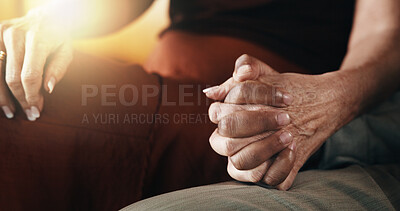 Buy stock photo People, mature and holding hands with hope for news, understanding or empathy together in home. Closeup, couple or touch with lens flare, comfort or sympathy for faith, care or support in house
