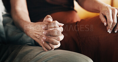 Buy stock photo People, mature and holding hands with hope for news, understanding or empathy together in home. Couple, man and woman with touch, comfort or sympathy for faith, care or emotional support in house