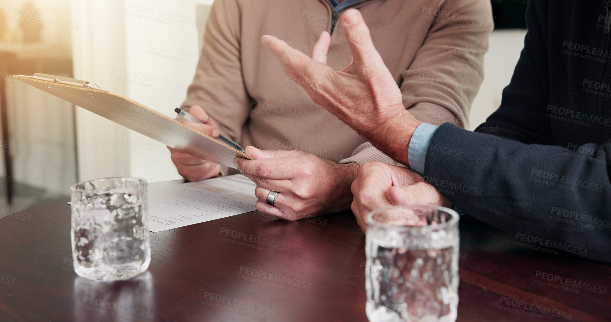 Buy stock photo Hands, advisor and old man in home with clipboard, finance report and document for consent form. Consultant, senior person and checklist with paperwork, financial information and loan application