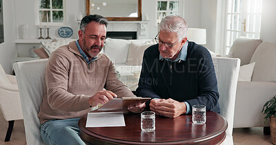 Buy stock photo Advisor, meeting and old man at house with clipboard, finance report and document for consent form. Consultant, senior person and checklist with paperwork, financial information and loan application