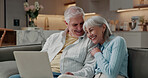 Senior, love or happy couple with laptop in home for planning retirement holiday or weekend together. Elderly, man and woman with smile or computer on sofa for schedule date or old romance in house