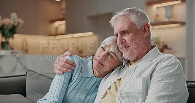 Buy stock photo Relax, love and thinking with old couple on sofa in home for bonding, reflection and console. Retirement vision, support and connection with senior man and woman in living room in house for empathy