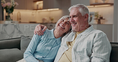 Buy stock photo Peace, laughing and love with old couple on sofa in home for bonding, funny joke and connection. Loyalty, support and commitment with senior man and woman in living room in house for comic and humor