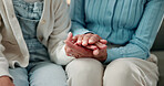 Parent, holding hands and empathy for child, trust and bonding with daughter on break and childcare. Family, connection and kindness with gesture, love and person with support for kid and comfort