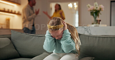 Buy stock photo Conflict, argue and girl with parents on sofa for fighting, divorce and dispute with fear in home. Family, house and child on couch cover ears for shouting, noise and scared for childhood trauma