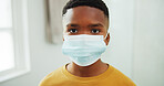 Face mask, sick and portrait of black child in home for medical protection, germ or influenza. Healthcare ppe, bacteria spread prevention, virus infection and hygiene with kid in apartment for safety