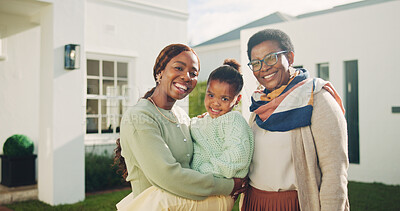 Buy stock photo Portrait, mom and girl with grandmother for new house, relocation and moving to dream home. African family, generations and woman with child, senior parent and smile for bonding, love and property