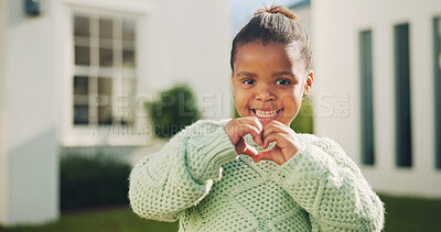 Buy stock photo Smile, backyard and portrait of black child and heart hands for real estate support, positive attitude or care. New house, security and love symbol with girl outdoor of home for hope, peace and trust