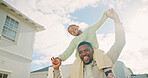 Father, carry and child on shoulder in backyard, fun activity and airplane games for bonding. Smile, black family or holding hands with piggyback, fantasy flying or parental support for weekend break
