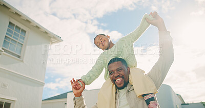 Buy stock photo Father, carry and child on shoulder in backyard, fun activity and airplane games for bonding. Smile, black family or holding hands with piggyback, fantasy flying or parental support for weekend break