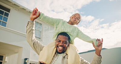 Buy stock photo Father, carry and kid on shoulder in backyard, fun activity and airplane games for bonding. Smile, black family and holding hands with piggyback, fantasy flying and parental support for weekend break