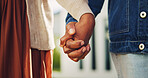 Holding hands, love and couple outdoor for new house, relocation and moving for future together. Home, real estate and closeup of man and woman for bonding, care and support for property purchase