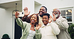 Video call, waving and big family by new home for bonding, communication or connection together outdoor. Smile, greeting and black couple with mature parents for virtual conversation in backyard.
