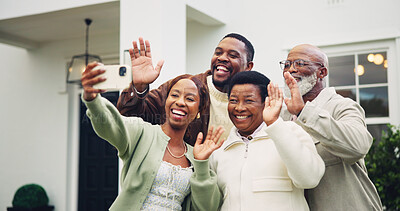 Buy stock photo Selfie, waving and big family at new home for bonding, property or connection together outdoor. Smile, greeting and black people with mature parents for photography picture with memory in backyard.