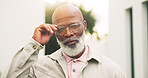 Senior, backyard and portrait of black man in new house for assisted living center, pride and relax. Moving in, retirement home and glasses with elderly person outdoor for growth and security