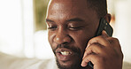 Phone call, talk or black man in home with connection, online communication or contact on digital site. Networking, chat or person with tech, discussion or telecommunication on virtual platform.