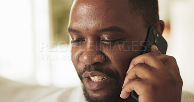 Buy stock photo Phone call, talking or black man in home with connection, online chat or contact in digital communication. Networking, space or person with tech, discussion or conversation in telecommunication.