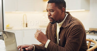 Buy stock photo Remote work, review or black man in house with laptop, research or report update on marketing pitch. WFH, reading or creative consultant with tech, advertisement draft or proposal on brand campaign.