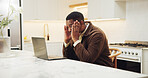 Headache, laptop and black man with stress in kitchen for project finance, remote work or debt. Male person, freelancer or migraine on computer for financial crisis, bankruptcy or mistake in home