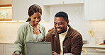 Finance, happy and black couple in home with laptop, savings growth or support in cost control. Smile, tax review or people with tech, investment approval or budgeting together in money management.