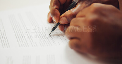 Buy stock photo Person, hands and documents with pen for signature, registration or legal contract application. Closeup, user or client writing with paper or signing for policy agreement, compliance or insurance