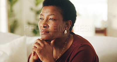 Buy stock photo Thinking, serious or black woman in home with nostalgia, wondering mindset or contemplating on past memory. Perspective, thoughts or mature person with flashback, questioning or reflection in house.