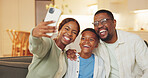 Happy, parents and child in home with selfie, family bonding together and social media post on weekend. Black people, mother and father smile in living room with son, photography and picture memories