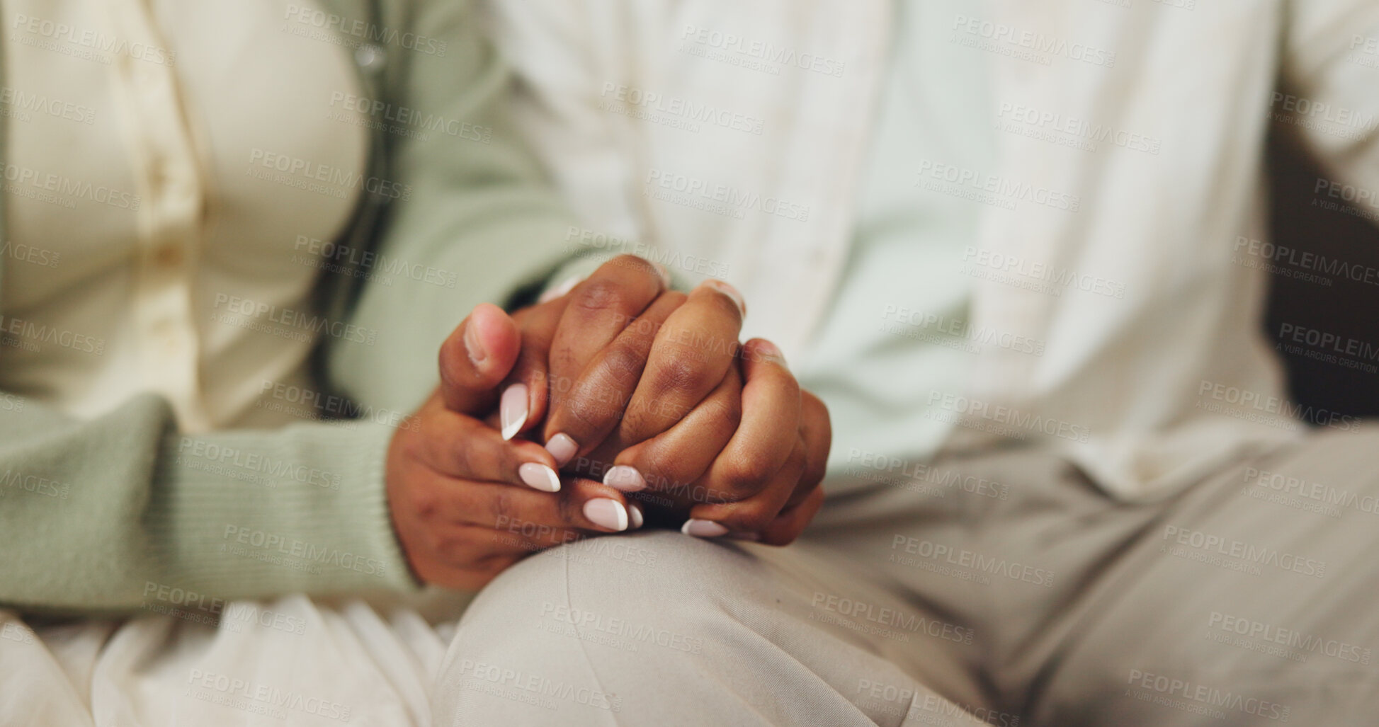 Buy stock photo Couple, love and holding hands with empathy for support, bonding together and loyalty to partner. People, dating and romantic relationship with care for companion, sympathy and comfort for wellness.