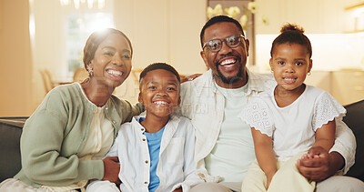 Buy stock photo Smile, portrait and children with parents on sofa in home for bonding, love and connection on weekend. Happy, relax and African kids with mother and father in living room for care together in house.