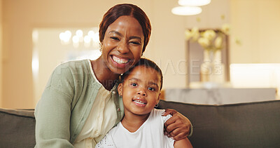 Buy stock photo Smile, portrait and mother with child on sofa in home for bonding, love and connection weekend. Happy, relax and African boy kid with mom for trust, safety and hug support in living room together.