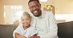 Portrait, hug and dad with child on sofa for healthy relationship, connection and bonding. African family, happy and father with girl embrace for affection, support and love for development in home