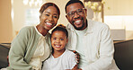 Smile, portrait and parents with child on sofa in home for bonding, love and weekend connection. Happy, relax and African girl with people for trust, safety or hug support in living room together.