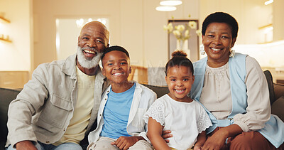 Buy stock photo Smile, portrait and grandparents with children on sofa in home for bonding, love and connection weekend. Happy, relax and African kids with senior people for trust, safety and support in living room.